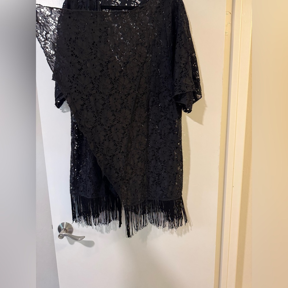 LuLaRoe Black Lace Kimono with Fringe - Picture 5 of 7